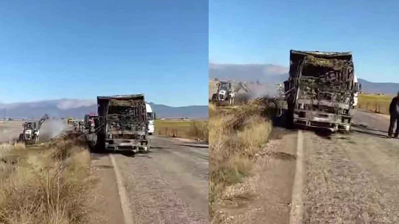 Saman yüklü kamyon yangın sonrası kullanılamaz hale geldi