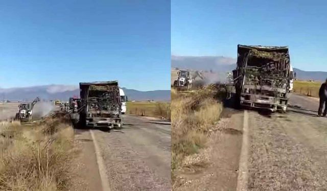 Saman yüklü kamyon yangın sonrası kullanılamaz hale geldi
