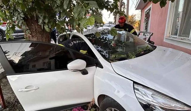 Denizli’de yoldan çıkan otomobil önce ağaca sonra eve çarptı
