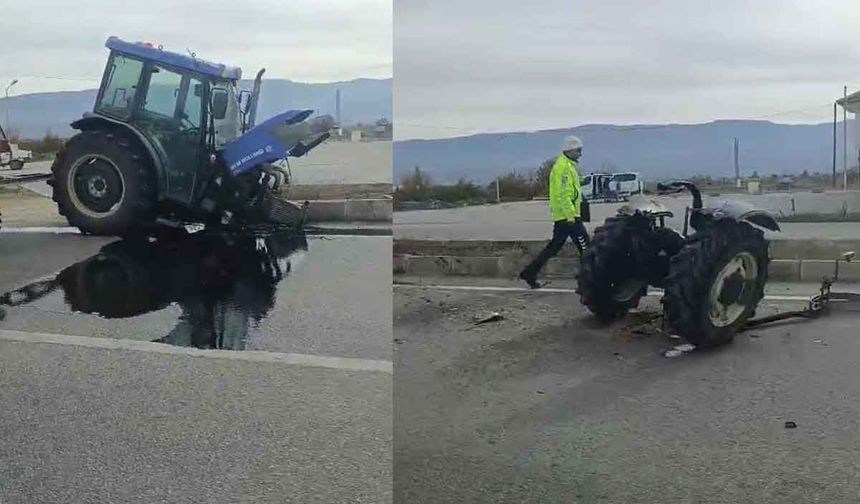 Refüjden yolun karşısına geçmek isteyen traktöre otomobil çarptı