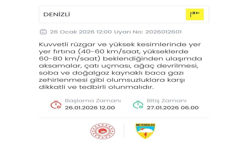 Denizli için kuvvetli rüzgar ve fırtına uyarısı verildi