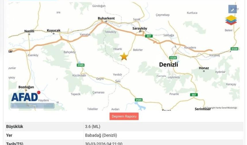 Denizli'de  3.6 büyüklüğünde deprem meydana geldi