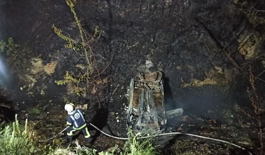 Şarampole Yuvarlanan Otomobil Orman Yangınına Neden Oldu