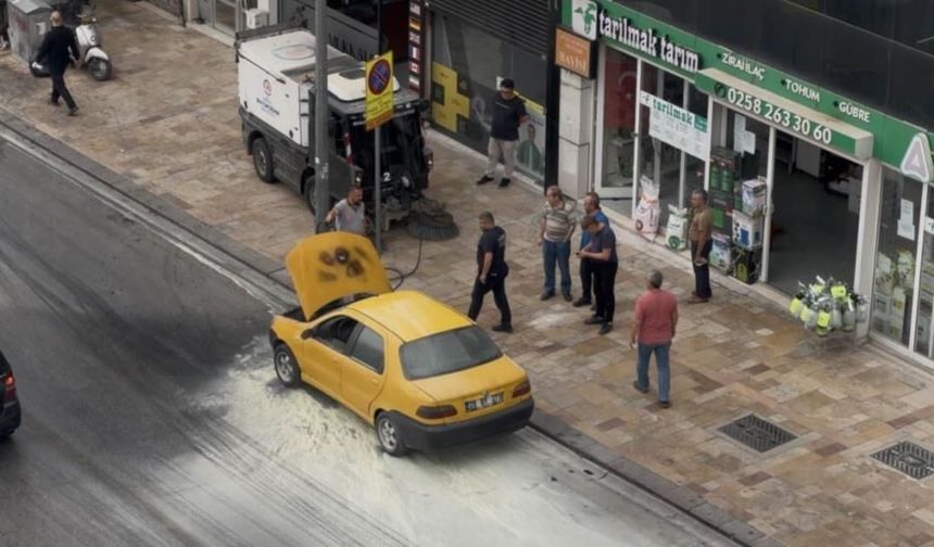 Denizli'de Otomobilde Çıkan Yangını Belediye Temizlik İşçileri Söndürdü